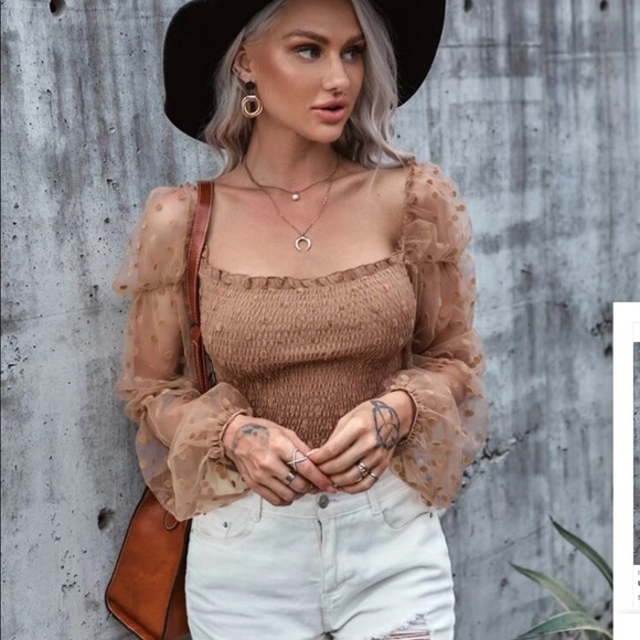 SHEIN Tops - 3/$15 Tan Polka Dot Mesh Frill Sleeve Top